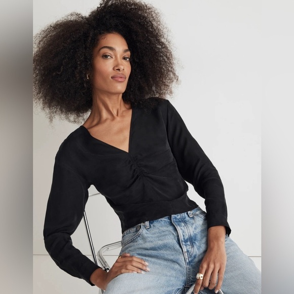 Madewell Brushed Ruched-Front Top Black Sz 8 - Picture 1 of 15